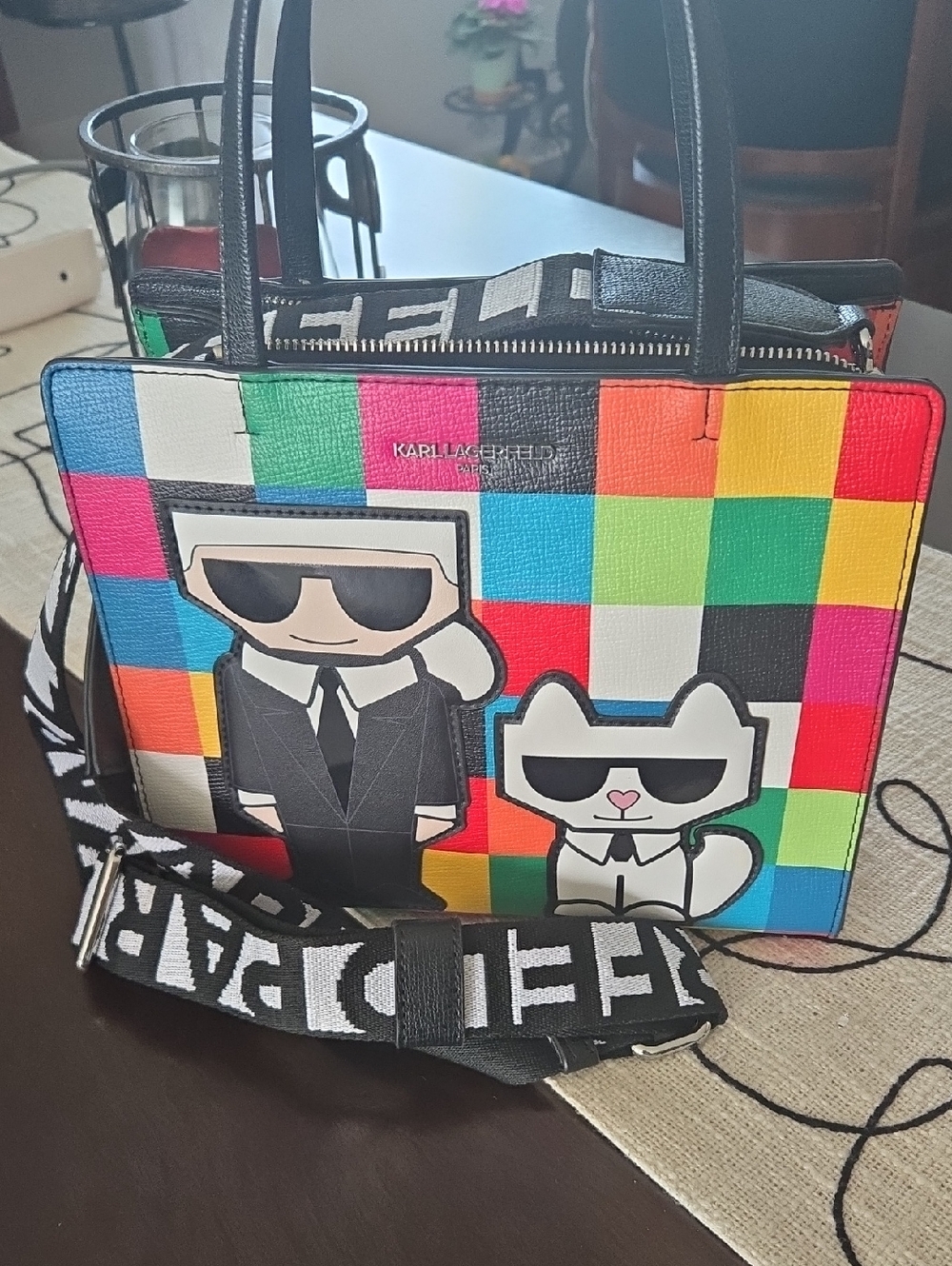Karl Lagerfeld Multicolor Checkerboard Satchel with Cartoon Karl & Cat Motif